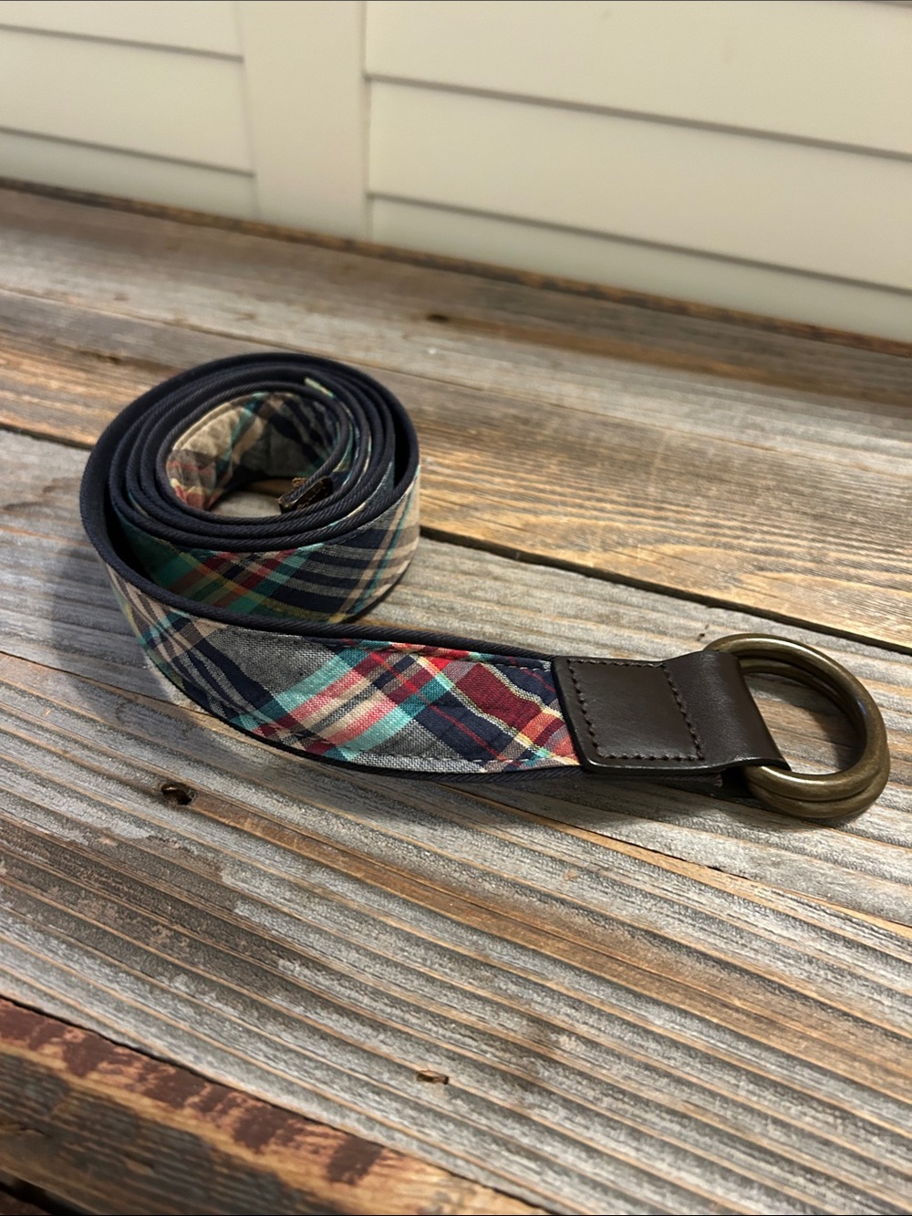 Lands End Plaid Cotton Web Belt with Brass Ring - Navy, Red, Teal